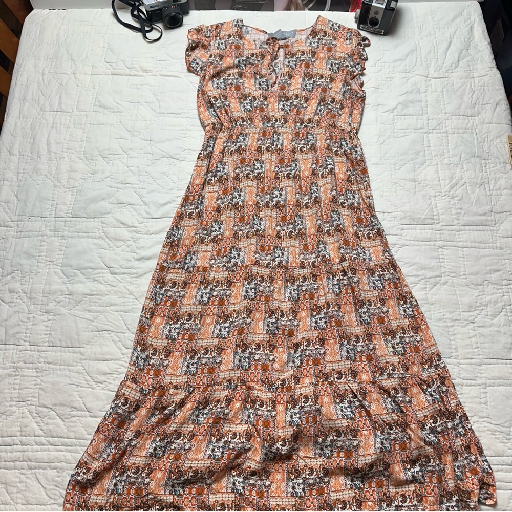 Boho Coral Midi Dress | Flowy Gathered Waist · Lark + Grey - Picture 3 of 11